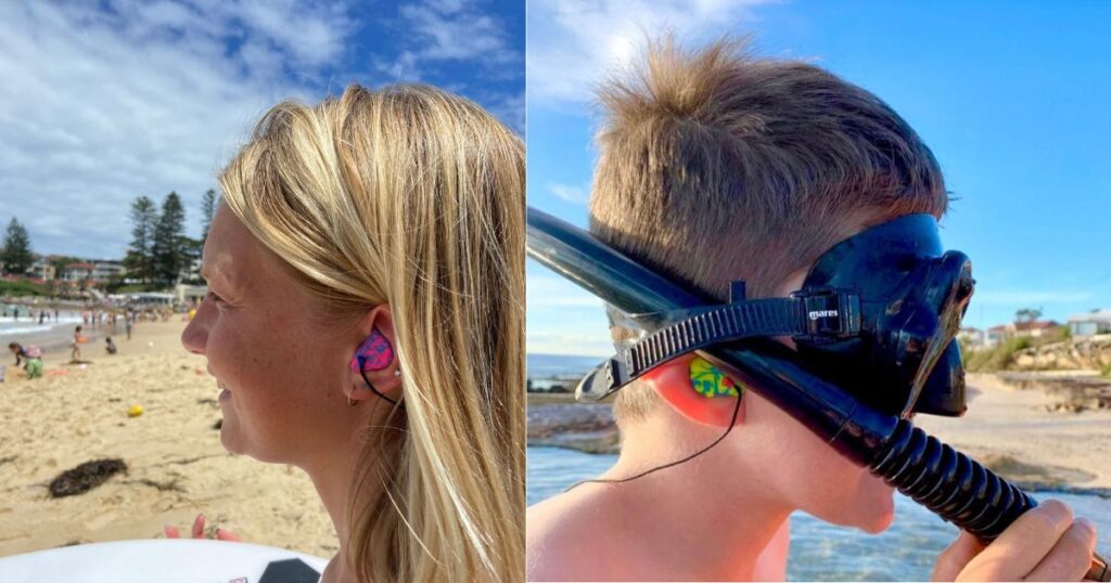 kids at the beach wearing custom earplugs for swimming